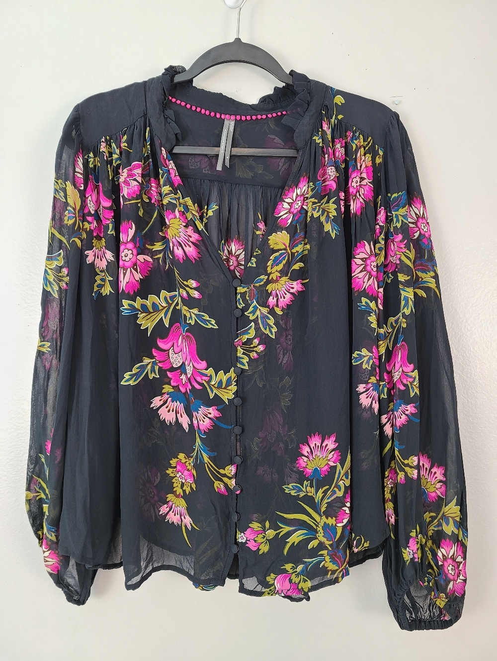 Anthropologie Sheer Flowy Black & Raspberry Pink Florals Button Front Blouse Top